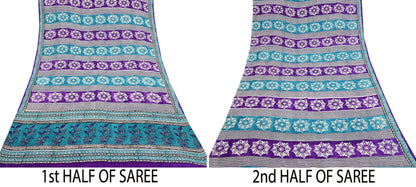 Indian Vintage Purple & blue Pure Crepe Silk Saree Floral Print 5 Yards Soft Sewing Fabric for Dressmaking, Quilting, Crafting Upcycling