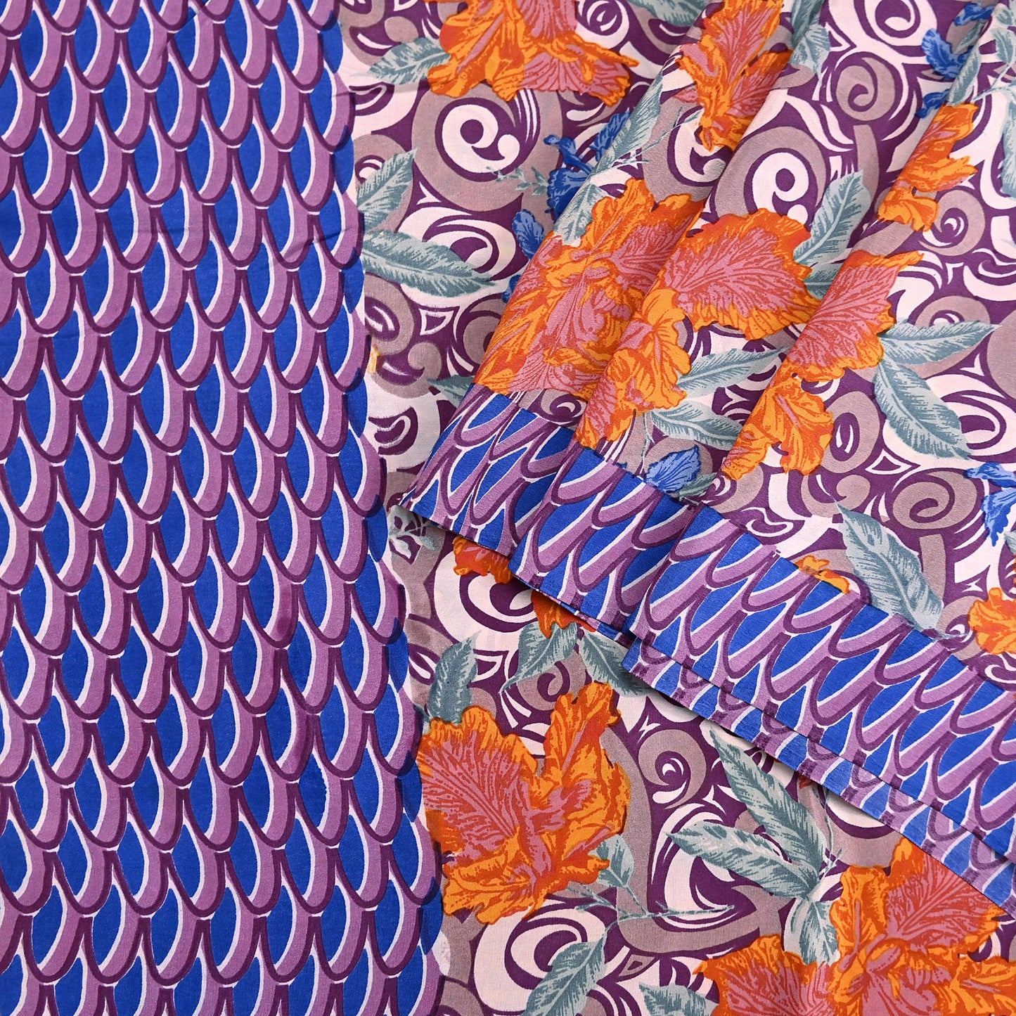 Indian Vintage Sari Purple Pure Crepe Silk Printed Sarees 5yd Sewing Floral Soft Craft Fabric Ethnic Wrap Dress Designing For Crafting