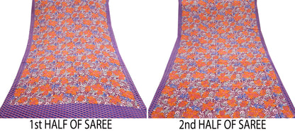Indian Vintage Sari Purple Pure Crepe Silk Printed Sarees 5yd Sewing Floral Soft Craft Fabric Ethnic Wrap Dress Designing For Crafting