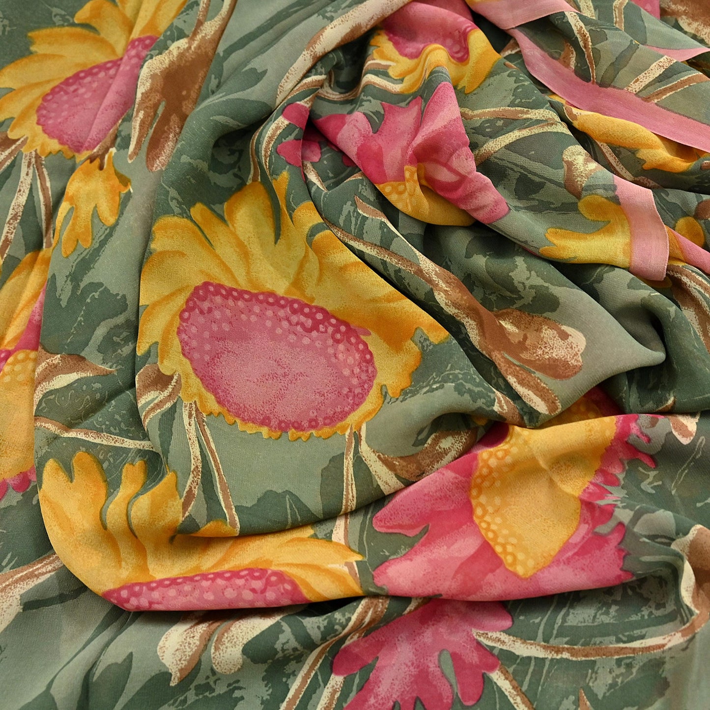 Indian Vintage Sari Green 100% Pure Georgette Silk Hand Printed Sarees Sewing 5yd Craft Fabric Soft Dress Designing for Crafting