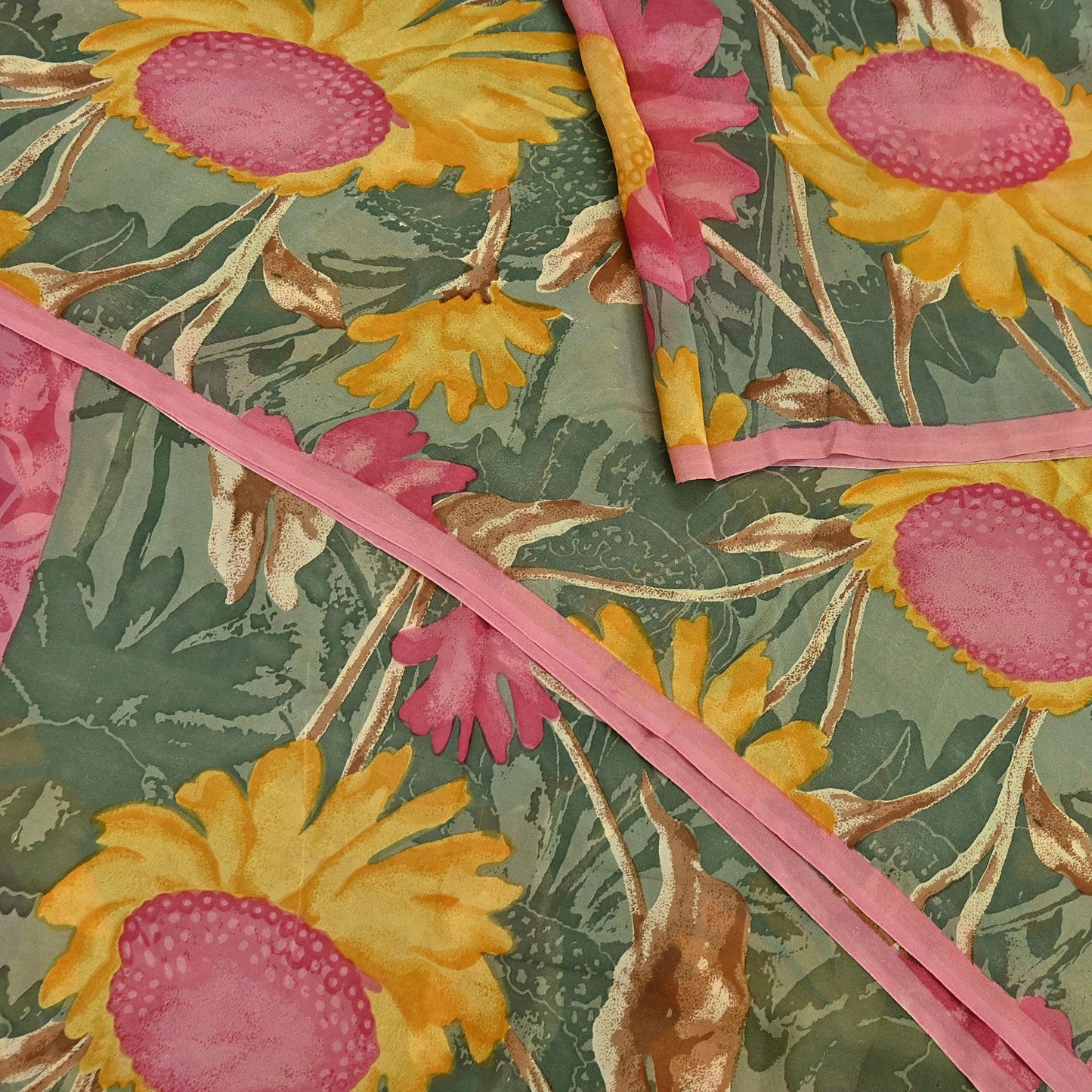 Indian Vintage Sari Green 100% Pure Georgette Silk Hand Printed Sarees Sewing 5yd Craft Fabric Soft Dress Designing for Crafting