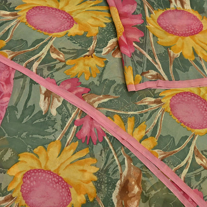 Indian Vintage Sari Green 100% Pure Georgette Silk Hand Printed Sarees Sewing 5yd Craft Fabric Soft Dress Designing for Crafting