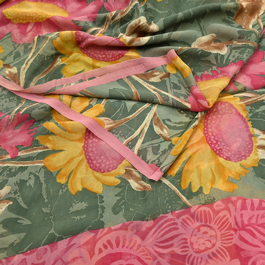 Indian Vintage Sari Green 100% Pure Georgette Silk Hand Printed Sarees Sewing 5yd Craft Fabric Soft Dress Designing for Crafting