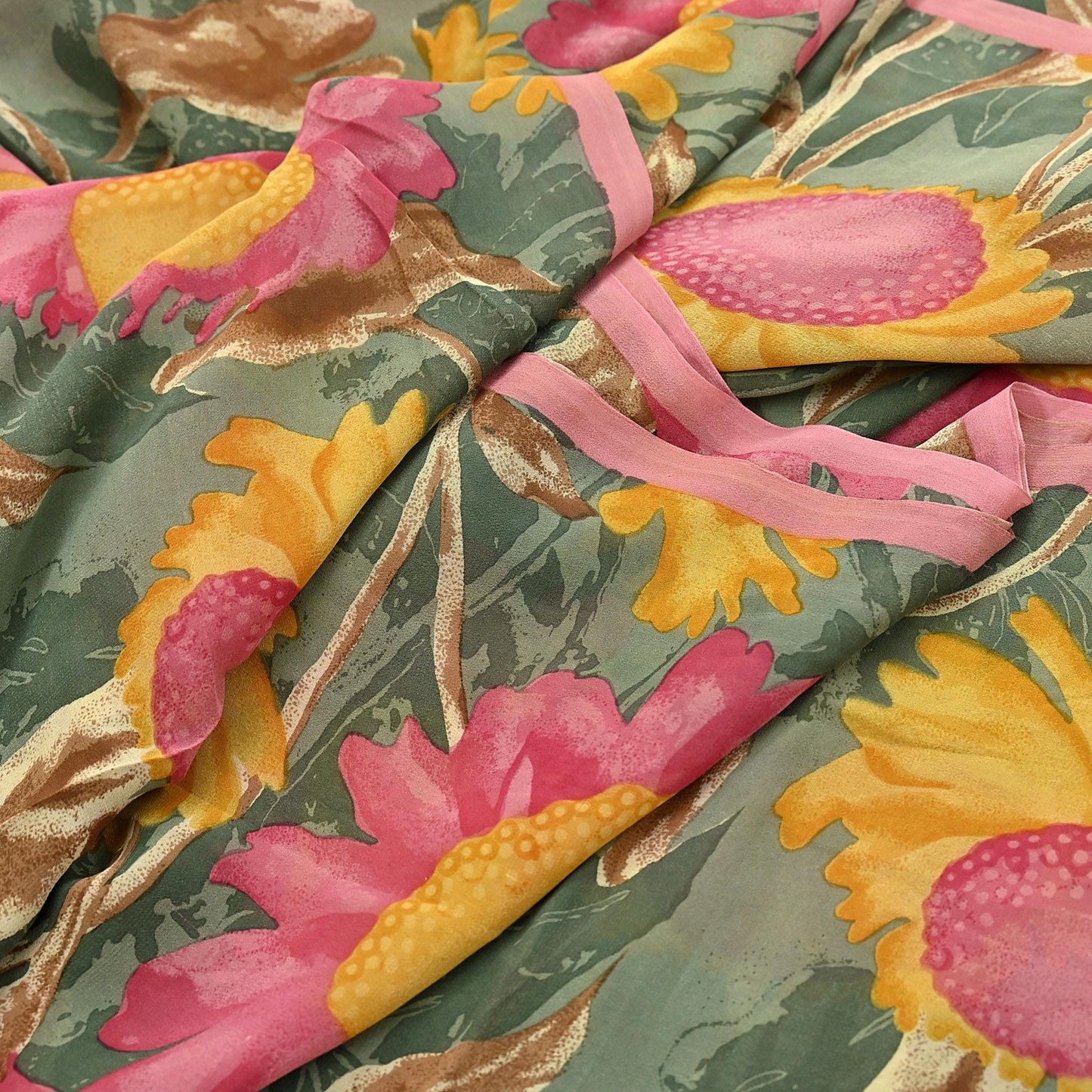 Indian Vintage Sari Green 100% Pure Georgette Silk Hand Printed Sarees Sewing 5yd Craft Fabric Soft Dress Designing for Crafting