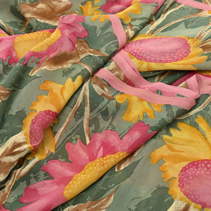 Indian Vintage Sari Green 100% Pure Georgette Silk Hand Printed Sarees Sewing 5yd Craft Fabric Soft Dress Designing for Crafting