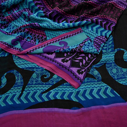 Indian Vintage Sari Black & Puprle Pure Georgette Silk Printed Sarees 5Yd Craft Fabric Sewing Quilting Dress making Crafting Dress Designing