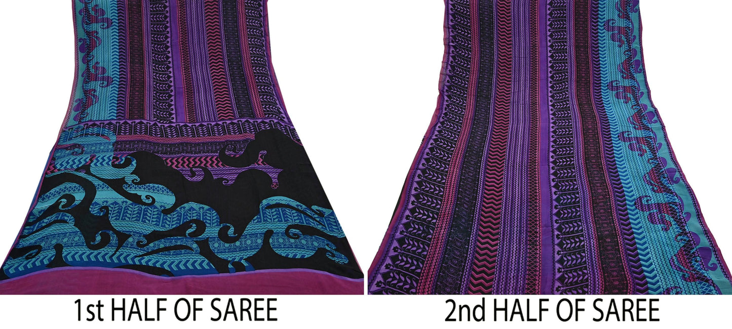 Indian Vintage Sari Black & Puprle Pure Georgette Silk Printed Sarees 5Yd Craft Fabric Sewing Quilting Dress making Crafting Dress Designing