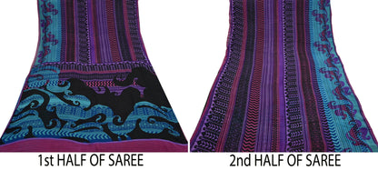 Indian Vintage Sari Black & Puprle Pure Georgette Silk Printed Sarees 5Yd Craft Fabric Sewing Quilting Dress making Crafting Dress Designing