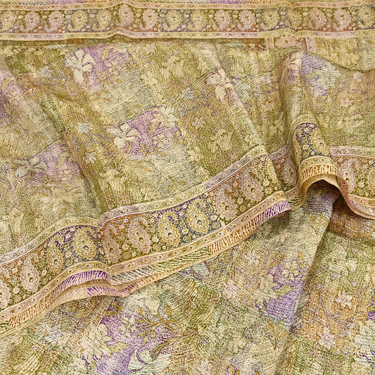Vintage Ivory Saree 5 Yards Floral Paisley Pure Silk Fabric Indian Soft Craft for Dressmaking, Quilting & Christmas Decor