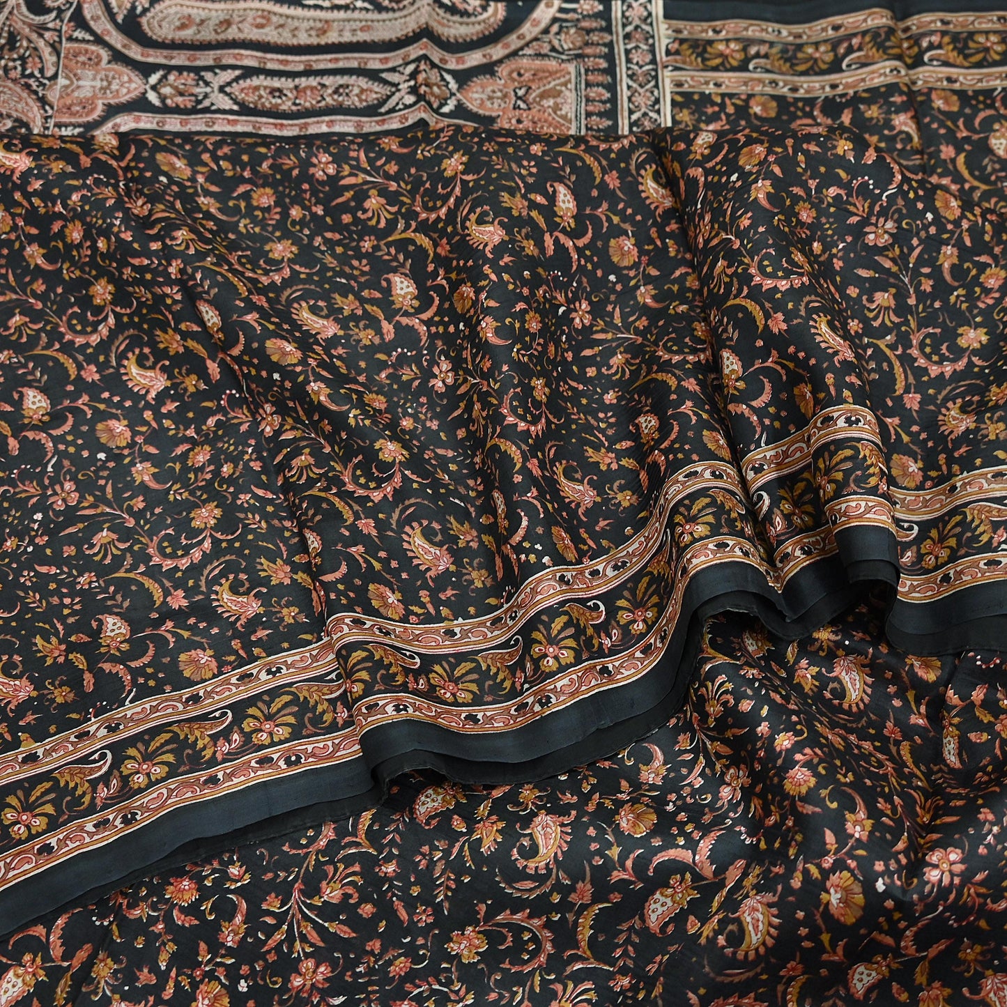 Indian Vintage Sari Black Printed Pure Silk Sarees Craft Fabric 6yd Sewing Floral Soft Dress Designing  for Crafting Quilting Upcycle Wrap
