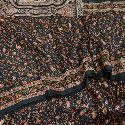 Indian Vintage Sari Black Printed Pure Silk Sarees Craft Fabric 6yd Sewing Floral Soft Dress Designing  for Crafting Quilting Upcycle Wrap