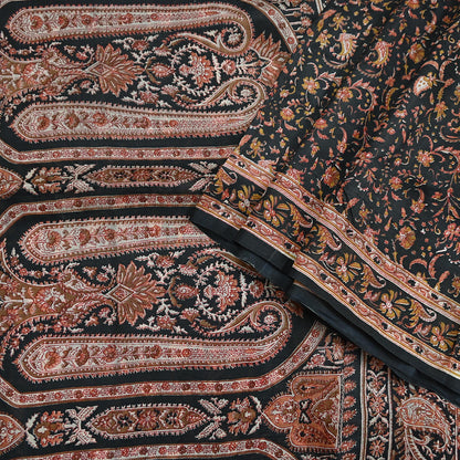 Indian Vintage Sari Black Printed Pure Silk Sarees Craft Fabric 6yd Sewing Floral Soft Dress Designing  for Crafting Quilting Upcycle Wrap