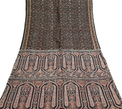 Indian Vintage Sari Black Printed Pure Silk Sarees Craft Fabric 6yd Sewing Floral Soft Dress Designing  for Crafting Quilting Upcycle Wrap
