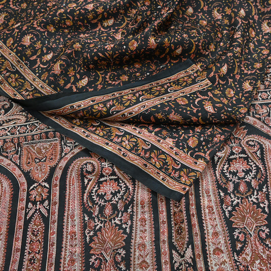 Indian Vintage Sari Black Printed Pure Silk Sarees Craft Fabric 6yd Sewing Floral Soft Dress Designing  for Crafting Quilting Upcycle Wrap