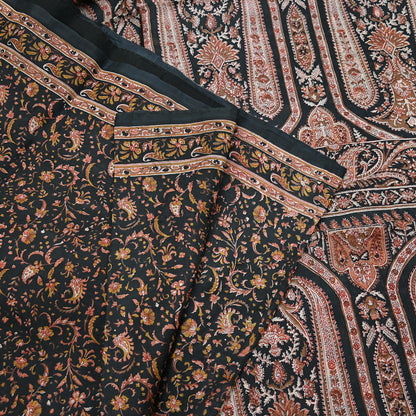 Indian Vintage Sari Black Printed Pure Silk Sarees Craft Fabric 6yd Sewing Floral Soft Dress Designing  for Crafting Quilting Upcycle Wrap