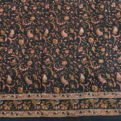Indian Vintage Sari Black Printed Pure Silk Sarees Craft Fabric 6yd Sewing Floral Soft Dress Designing  for Crafting Quilting Upcycle Wrap