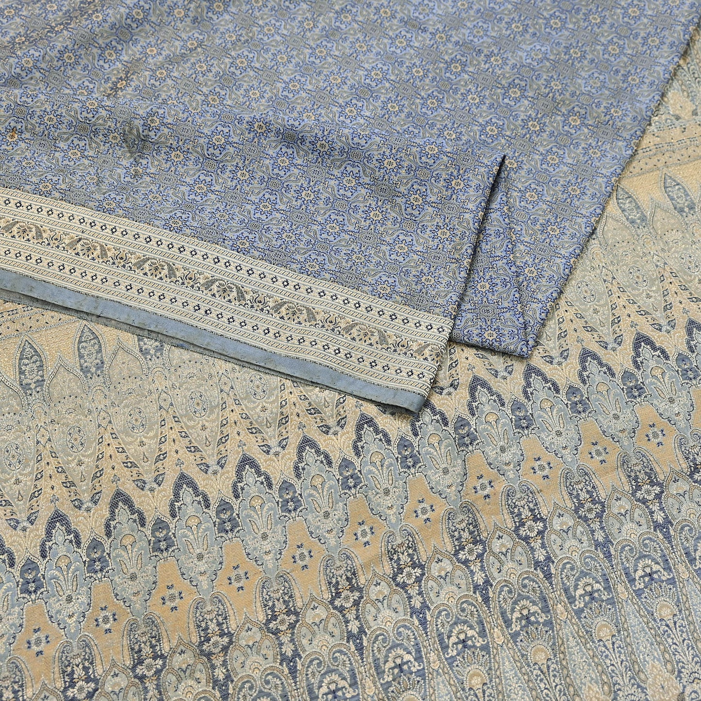 Indian Vintage Sari Gray Heavy Pure Satin Silk Woven Banarasi Tanchoi Saree 5Yd Ethnic Craft Fabric Upcycle Bridal Heavy Sarees