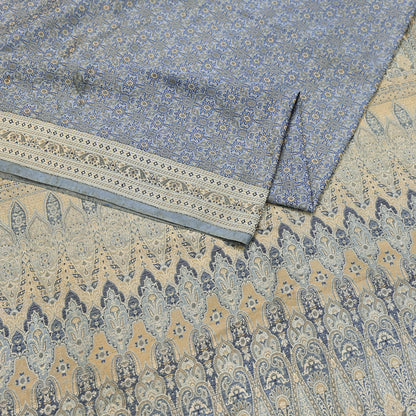 Indian Vintage Sari Gray Heavy Pure Satin Silk Woven Banarasi Tanchoi Saree 5Yd Ethnic Craft Fabric Upcycle Bridal Heavy Sarees