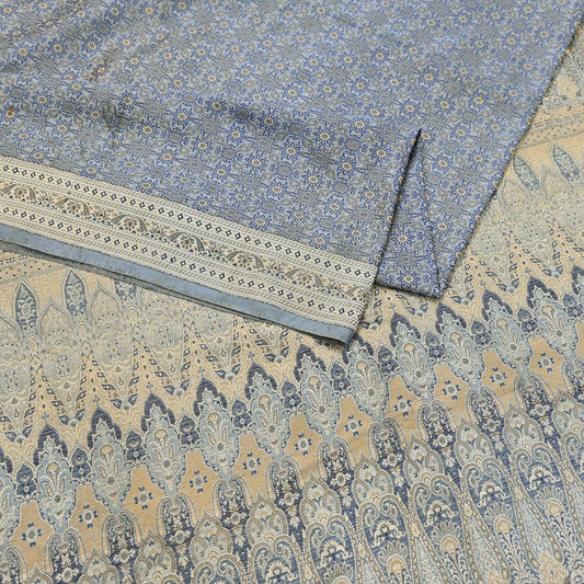 Indian Vintage Sari Gray Heavy Pure Satin Silk Woven Banarasi Tanchoi Saree 5Yd Ethnic Craft Fabric Upcycle Bridal Heavy Sarees