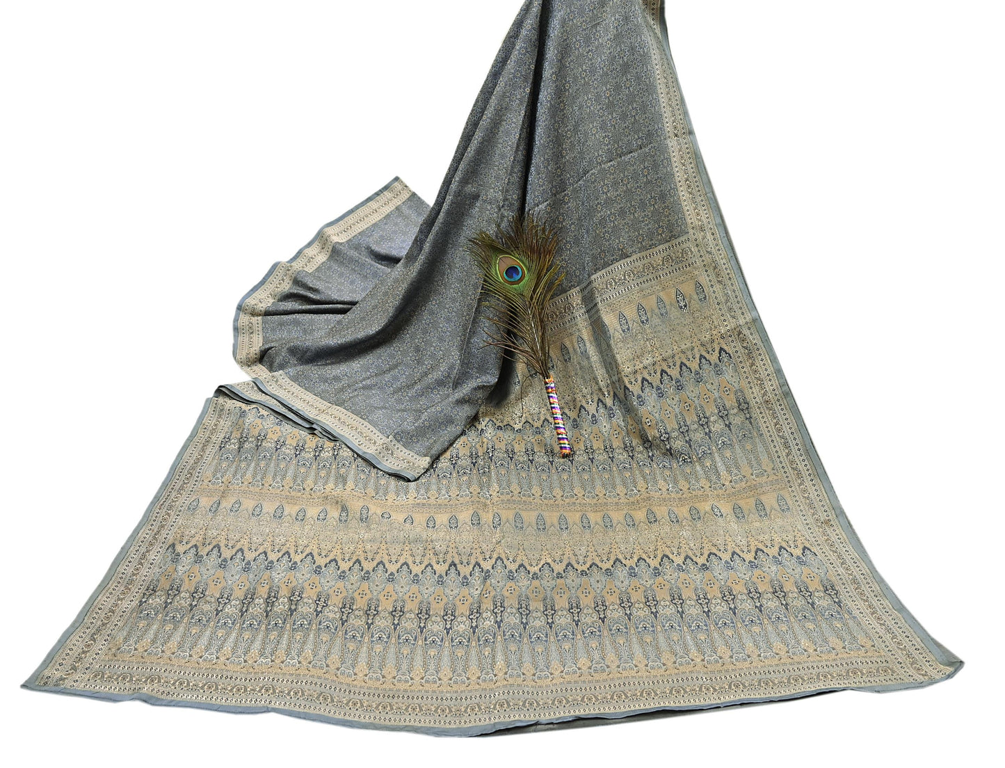 Indian Vintage Sari Gray Heavy Pure Satin Silk Woven Banarasi Tanchoi Saree 5Yd Ethnic Craft Fabric Upcycle Bridal Heavy Sarees
