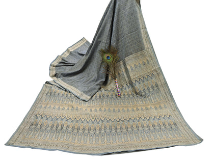 Indian Vintage Sari Gray Heavy Pure Satin Silk Woven Banarasi Tanchoi Saree 5Yd Ethnic Craft Fabric Upcycle Bridal Heavy Sarees