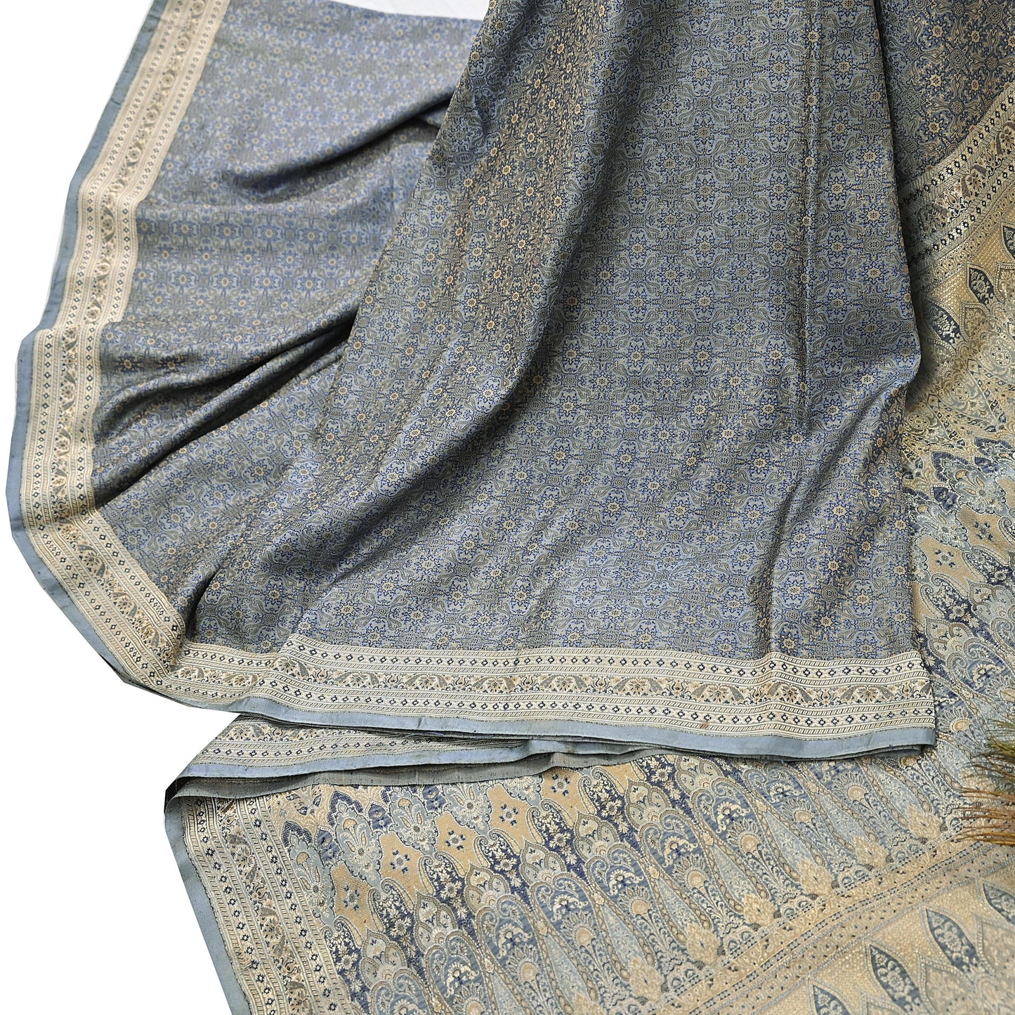 Indian Vintage Sari Gray Heavy Pure Satin Silk Woven Banarasi Tanchoi Saree 5Yd Ethnic Craft Fabric Upcycle Bridal Heavy Sarees