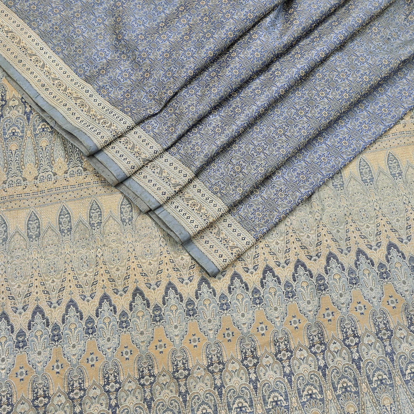 Indian Vintage Sari Gray Heavy Pure Satin Silk Woven Banarasi Tanchoi Saree 5Yd Ethnic Craft Fabric Upcycle Bridal Heavy Sarees