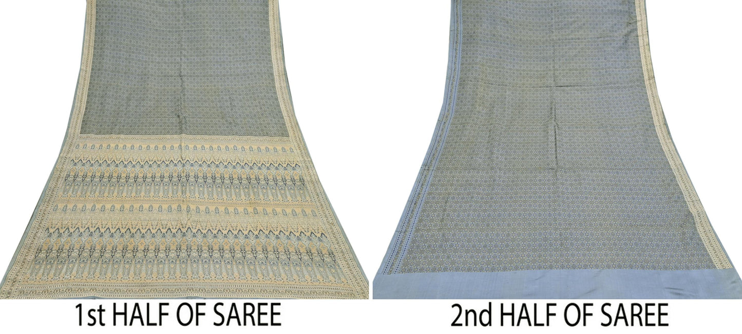 Indian Vintage Sari Gray Heavy Pure Satin Silk Woven Banarasi Tanchoi Saree 5Yd Ethnic Craft Fabric Upcycle Bridal Heavy Sarees