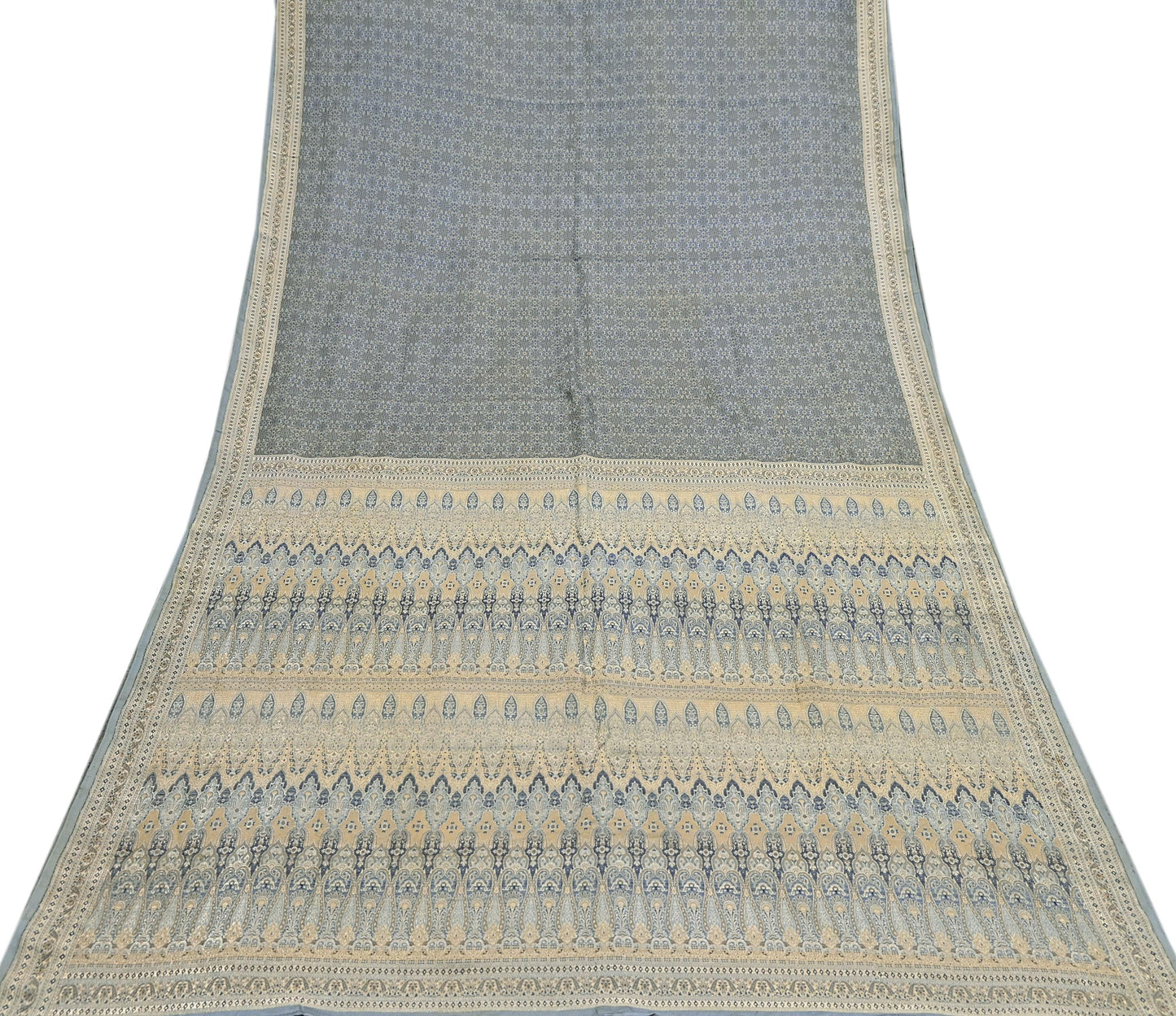 Indian Vintage Sari Gray Heavy Pure Satin Silk Woven Banarasi Tanchoi Saree 5Yd Ethnic Craft Fabric Upcycle Bridal Heavy Sarees