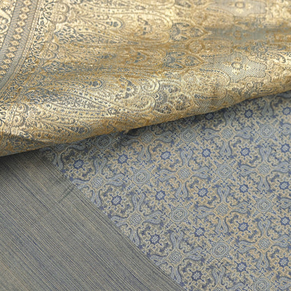 Indian Vintage Sari Gray Heavy Pure Satin Silk Woven Banarasi Tanchoi Saree 5Yd Ethnic Craft Fabric Upcycle Bridal Heavy Sarees