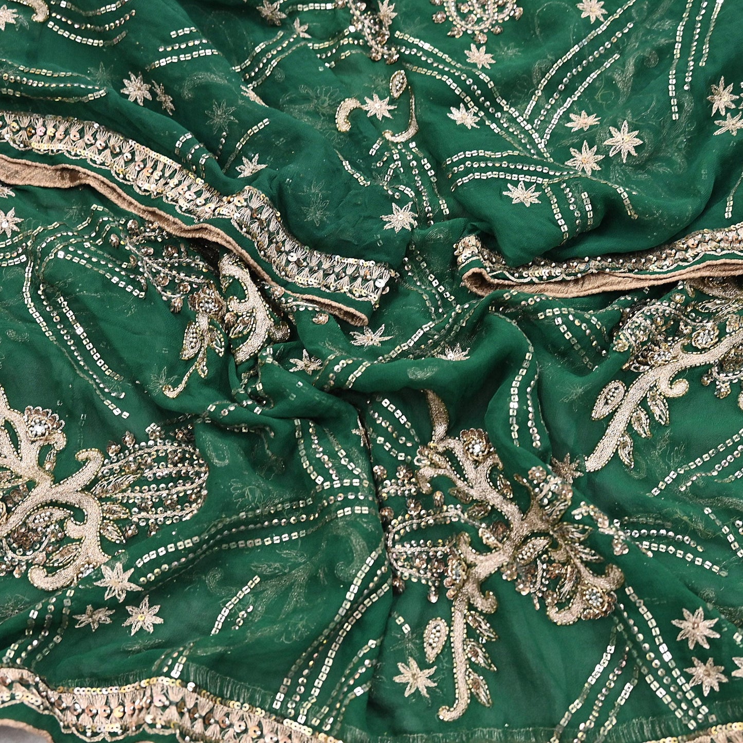 Indian Vintage Heavy Bridal Bottle Green Dupatta Pure Georgette Silk Long Stole Hand Embroidered Scarf Zardozi/Dabka Wedding red Hijab veil