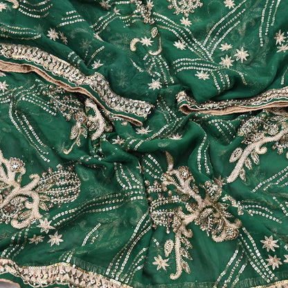 Indian Vintage Heavy Bridal Bottle Green Dupatta Pure Georgette Silk Long Stole Hand Embroidered Scarf Zardozi/Dabka Wedding red Hijab veil