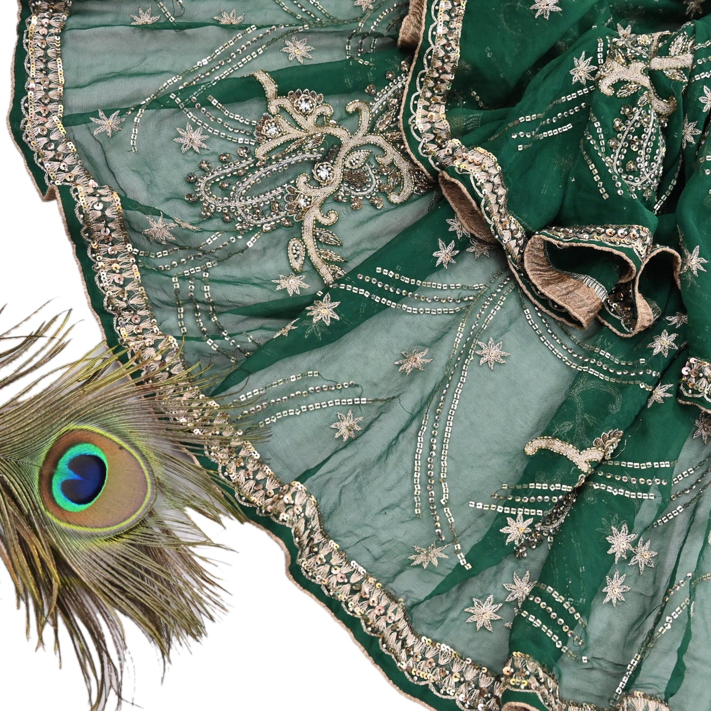 Indian Vintage Heavy Bridal Bottle Green Dupatta Pure Georgette Silk Long Stole Hand Embroidered Scarf Zardozi/Dabka Wedding red Hijab veil