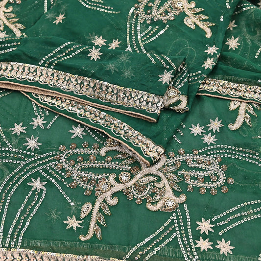 Indian Vintage Heavy Bridal Bottle Green Dupatta Pure Georgette Silk Long Stole Hand Embroidered Scarf Zardozi/Dabka Wedding red Hijab veil