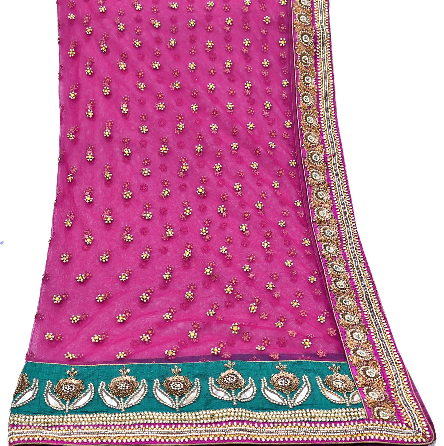 Indian Vintage Heavy Wedding Pink Dupatta Net Mesh Long Stole Hand Embroidered Scarves Golden Zardozi Dabka Zari Stole