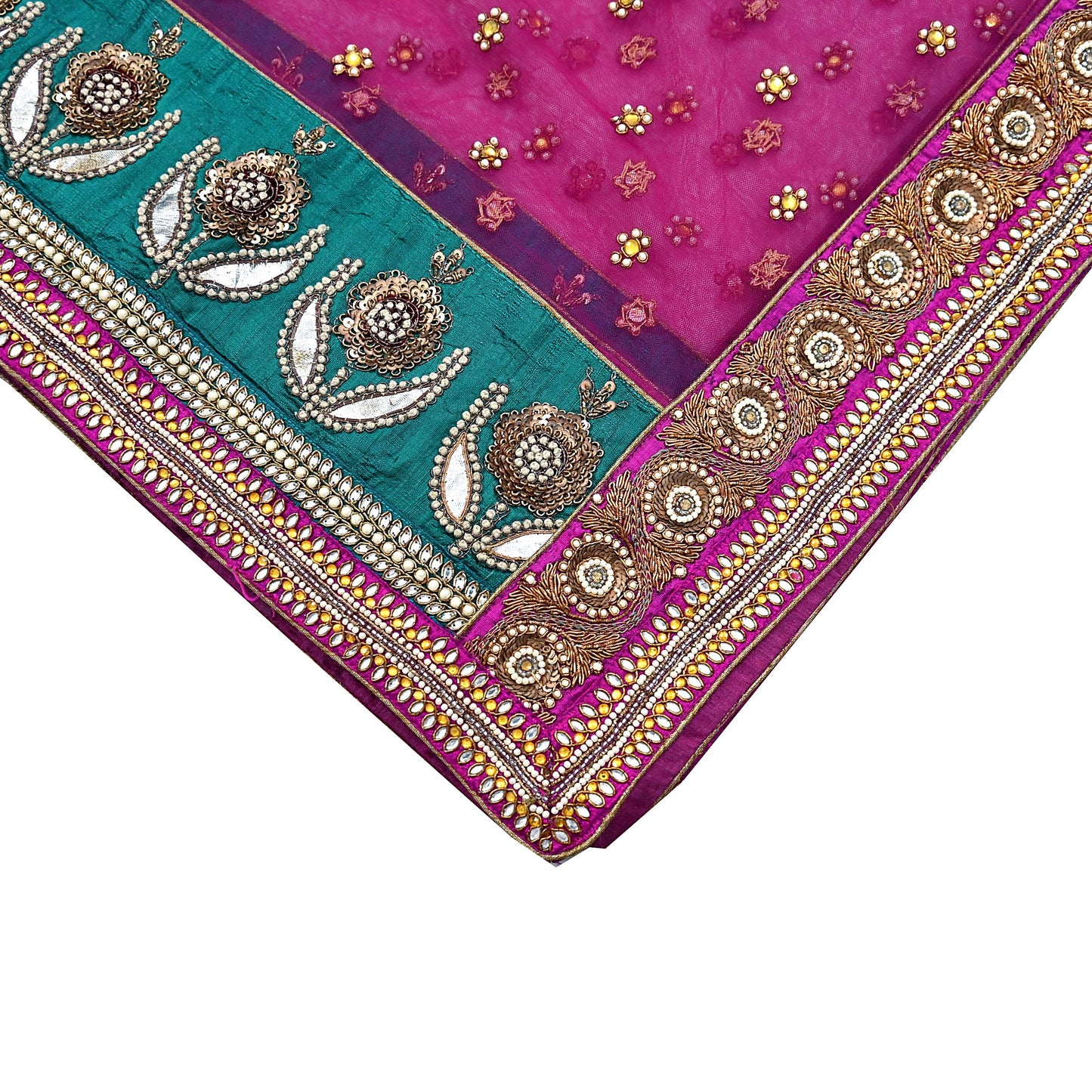 Indian Vintage Heavy Wedding Pink Dupatta Net Mesh Long Stole Hand Embroidered Scarves Golden Zardozi Dabka Zari Stole