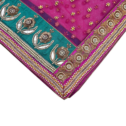 Indian Vintage Heavy Wedding Pink Dupatta Net Mesh Long Stole Hand Embroidered Scarves Golden Zardozi Dabka Zari Stole