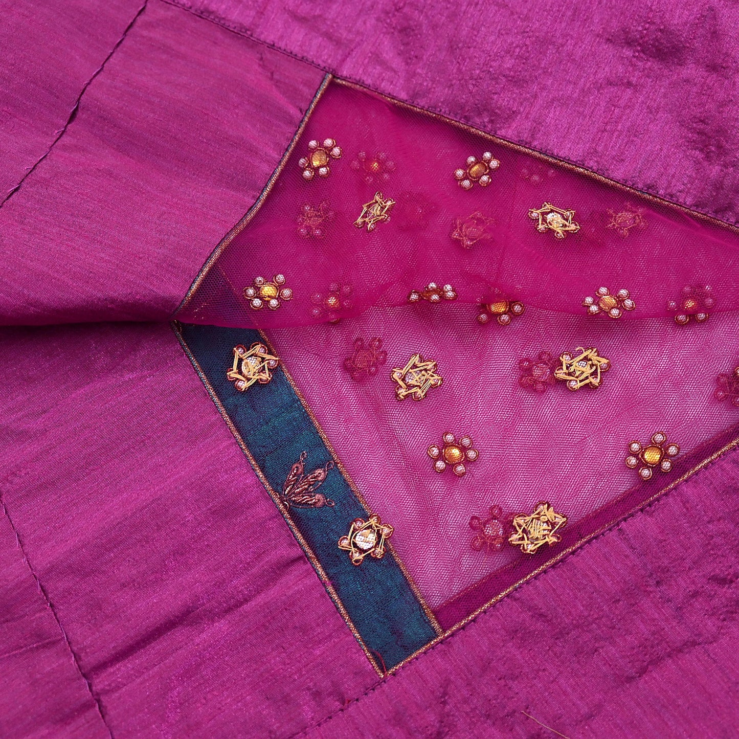 Indian Vintage Heavy Wedding Pink Dupatta Net Mesh Long Stole Hand Embroidered Scarves Golden Zardozi Dabka Zari Stole