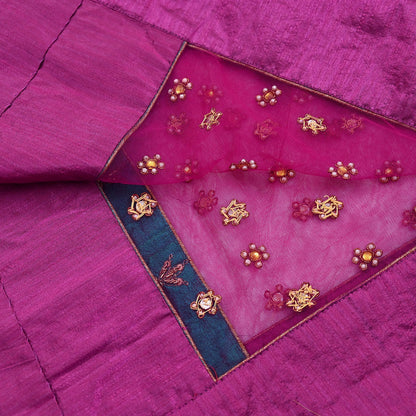 Indian Vintage Heavy Wedding Pink Dupatta Net Mesh Long Stole Hand Embroidered Scarves Golden Zardozi Dabka Zari Stole