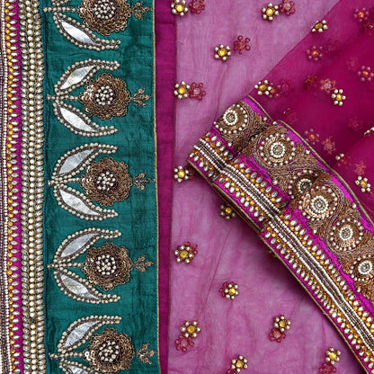Indian Vintage Heavy Wedding Pink Dupatta Net Mesh Long Stole Hand Embroidered Scarves Golden Zardozi Dabka Zari Stole