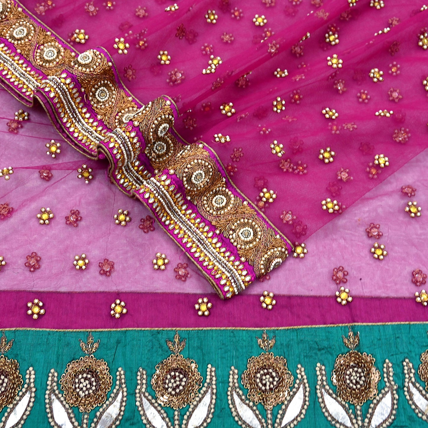 Indian Vintage Heavy Wedding Pink Dupatta Net Mesh Long Stole Hand Embroidered Scarves Golden Zardozi Dabka Zari Stole