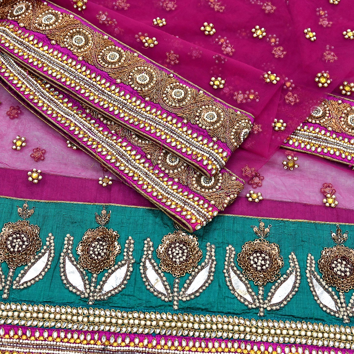 Indian Vintage Heavy Wedding Pink Dupatta Net Mesh Long Stole Hand Embroidered Scarves Golden Zardozi Dabka Zari Stole