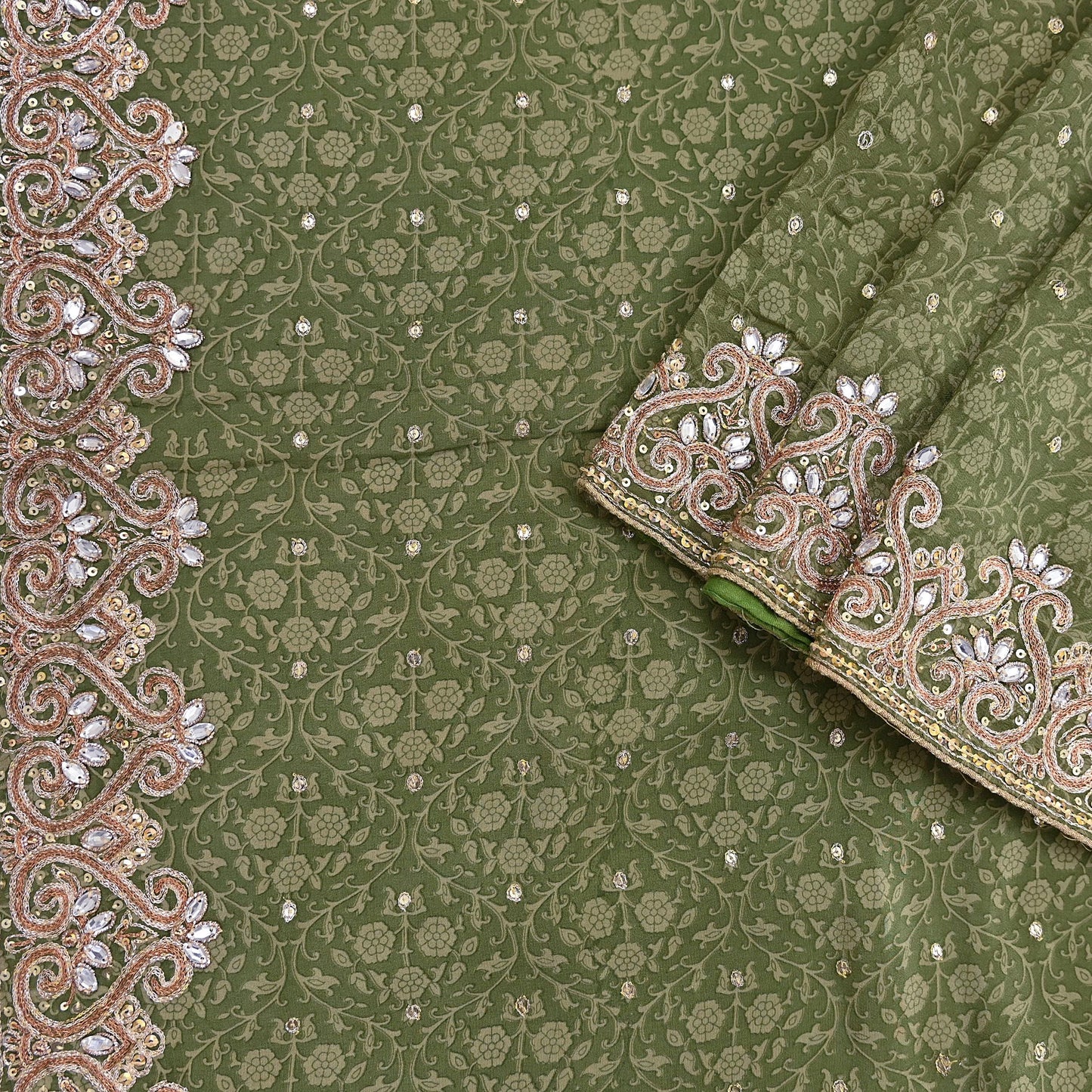 Indian Vintage Heavy Sari Green Pure Crepe Silk Hand Embroidered Sarees Craft Fabric 5Yd Sewing Zardozi Dress making