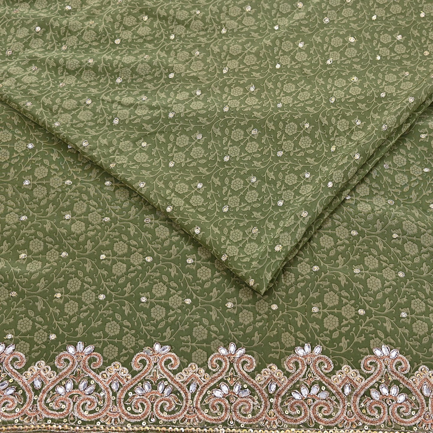 Indian Vintage Heavy Sari Green Pure Crepe Silk Hand Embroidered Sarees Craft Fabric 5Yd Sewing Zardozi Dress making
