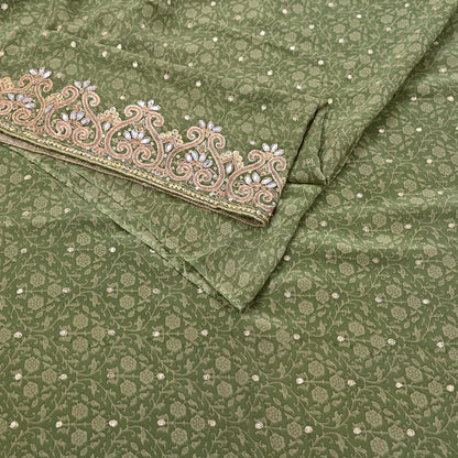 Indian Vintage Heavy Sari Green Pure Crepe Silk Hand Embroidered Sarees Craft Fabric 5Yd Sewing Zardozi Dress making