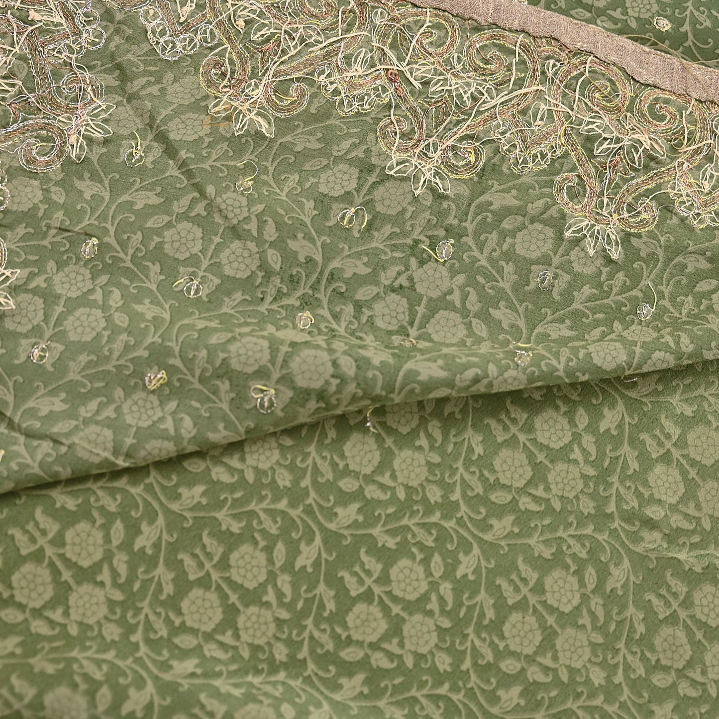 Indian Vintage Heavy Sari Green Pure Crepe Silk Hand Embroidered Sarees Craft Fabric 5Yd Sewing Zardozi Dress making
