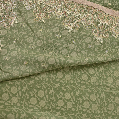 Indian Vintage Heavy Sari Green Pure Crepe Silk Hand Embroidered Sarees Craft Fabric 5Yd Sewing Zardozi Dress making
