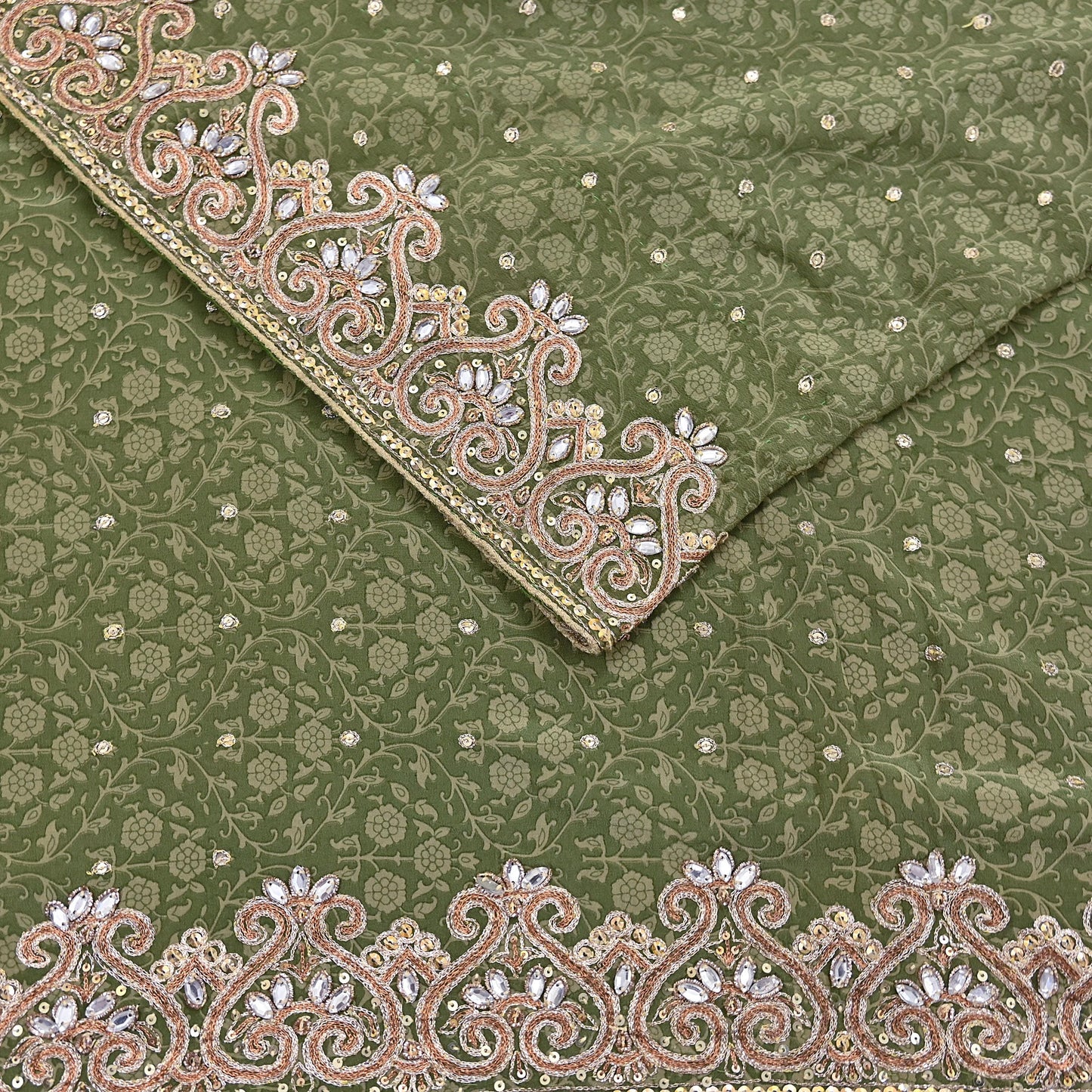 Indian Vintage Heavy Sari Green Pure Crepe Silk Hand Embroidered Sarees Craft Fabric 5Yd Sewing Zardozi Dress making