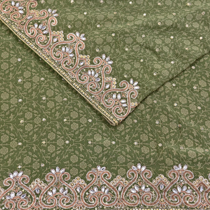 Indian Vintage Heavy Sari Green Pure Crepe Silk Hand Embroidered Sarees Craft Fabric 5Yd Sewing Zardozi Dress making