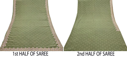 Indian Vintage Heavy Sari Green Pure Crepe Silk Hand Embroidered Sarees Craft Fabric 5Yd Sewing Zardozi Dress making